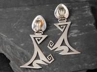 Award Winning Large Silver and Turquoise Abstract Coyote Clip Earrings