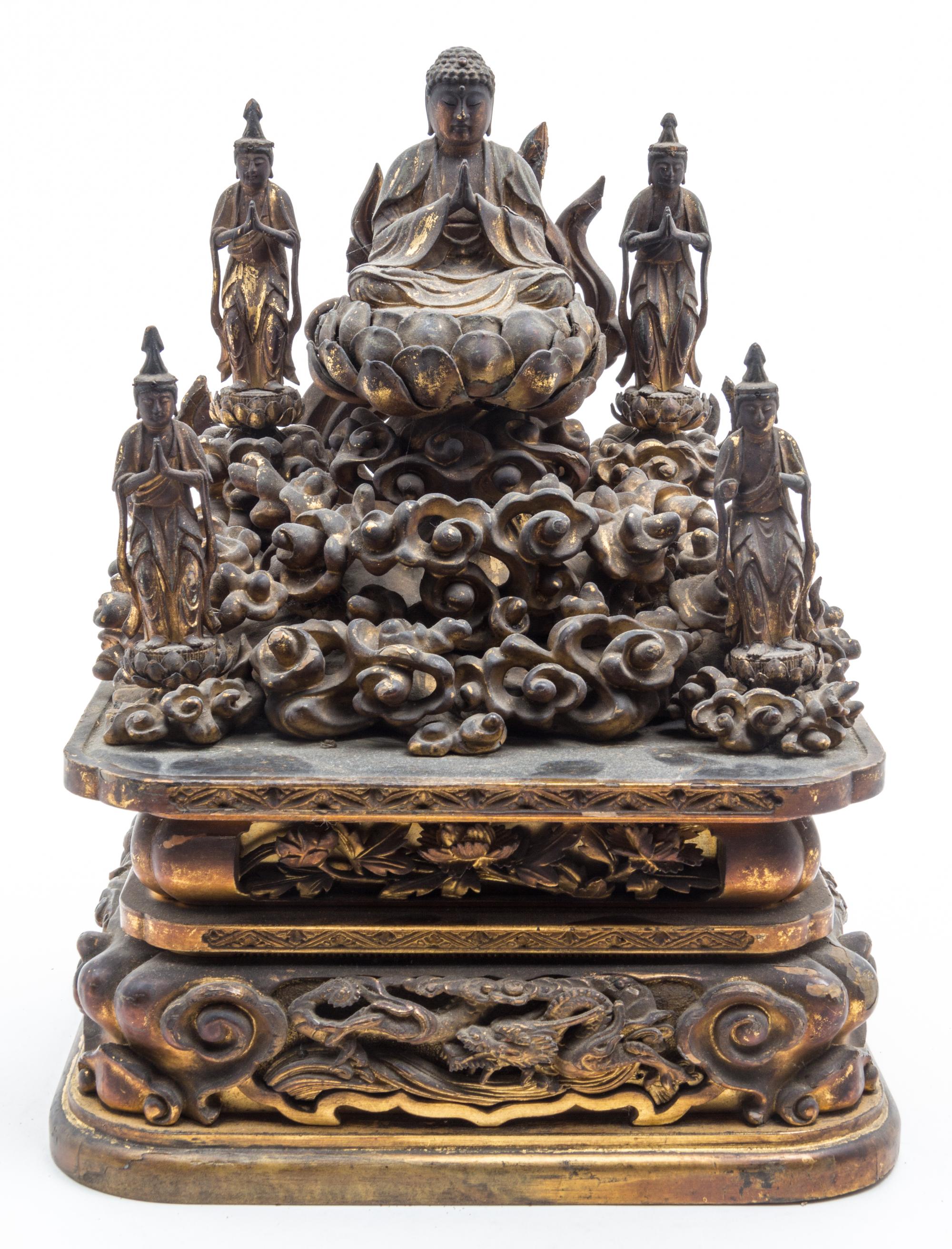 A Japanese Gilt Lacquered Wood Figural Group Height 13 x width 9 1/2 x depth 7 1/4 inches.