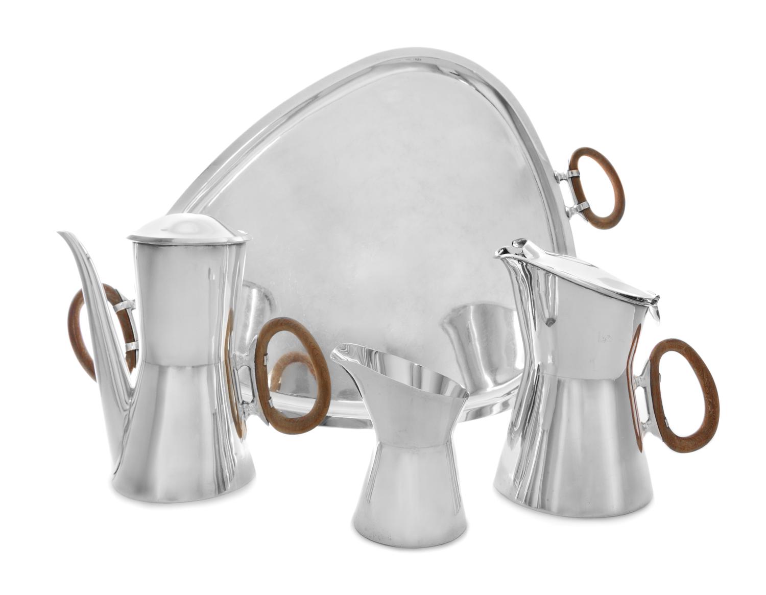A Mexican Silver Four-Piece Coffee Service, Los Castillo, Taxco, Second Half 20th Century, comprising a coffee pot, a milk pitcher, a c