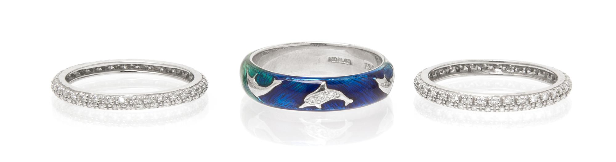 A Collection of White Gold, Polychrome Enamel and Diamond Rings, 6.60 dwts.