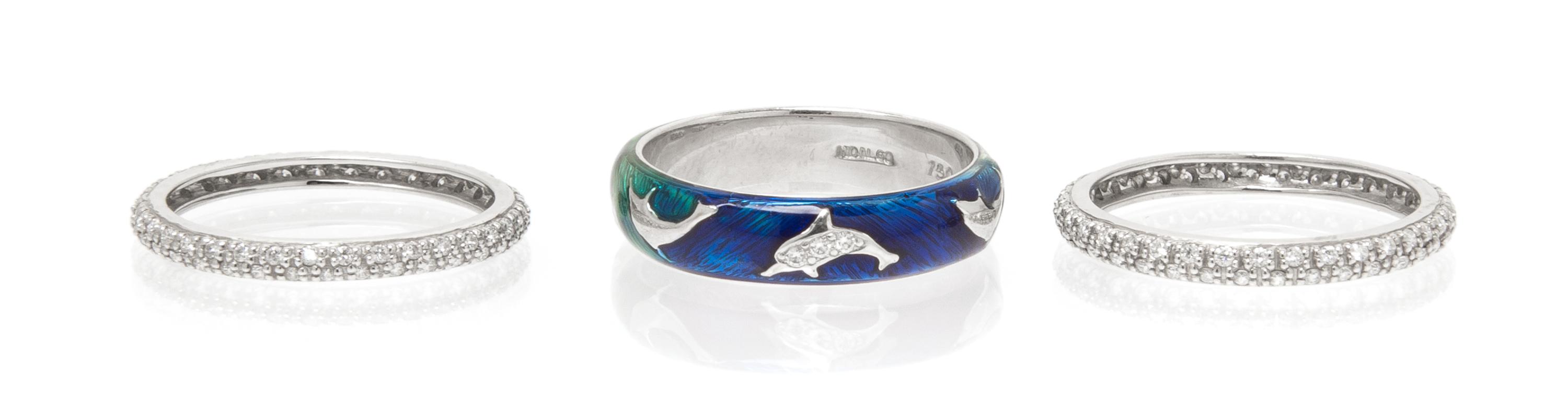 A Collection of White Gold, Polychrome Enamel and Diamond Rings, 6.60 dwts.