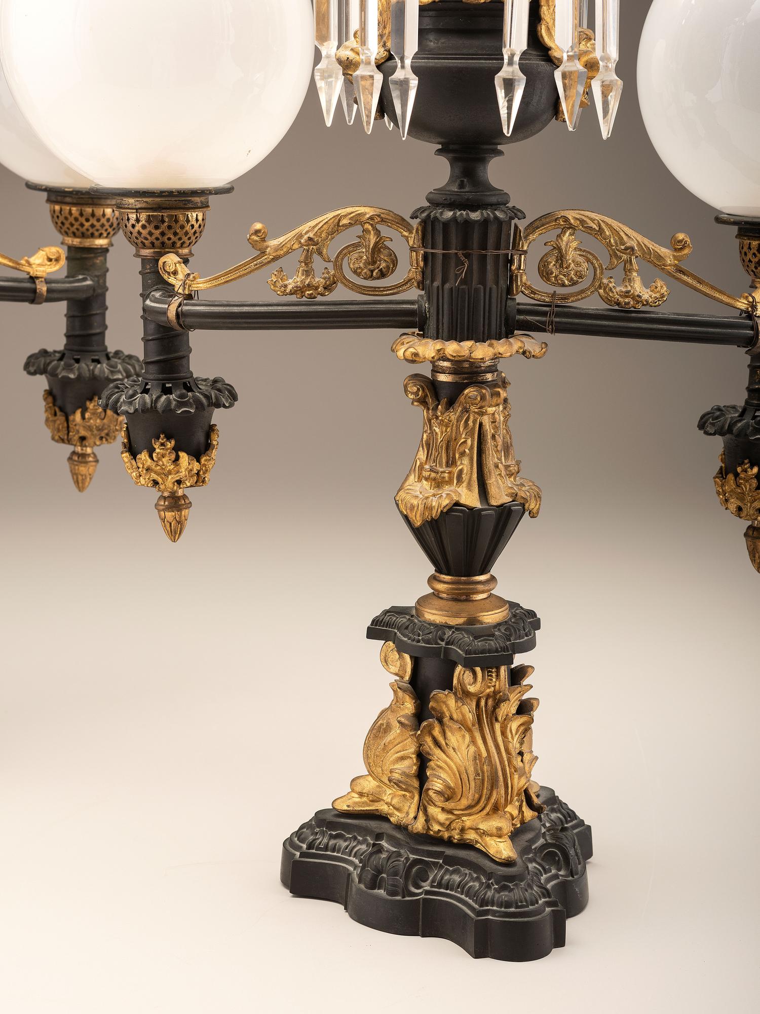 A Pair of Classical Gilt and Patinated Bronze Two-Light Argand Lamps with Shades