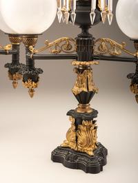 A Pair of Classical Gilt and Patinated Bronze Two-Light Argand Lamps with Shades