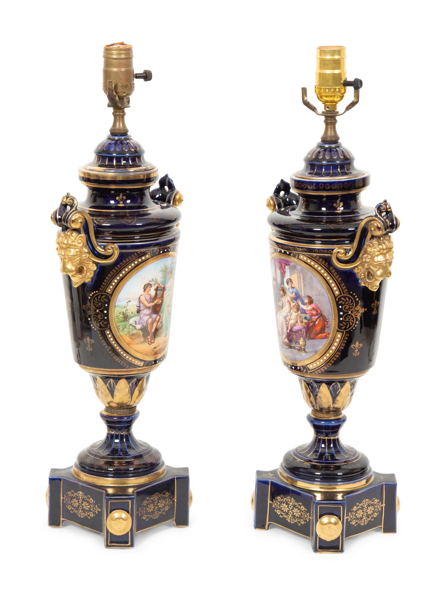 A Pair of Sèvres Style Porcelain Urns Mounted as Lamps
