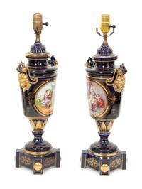 A Pair of Sèvres Style Porcelain Urns Mounted as Lamps