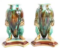 A Pair of Majolica Vases Height 7 inches.