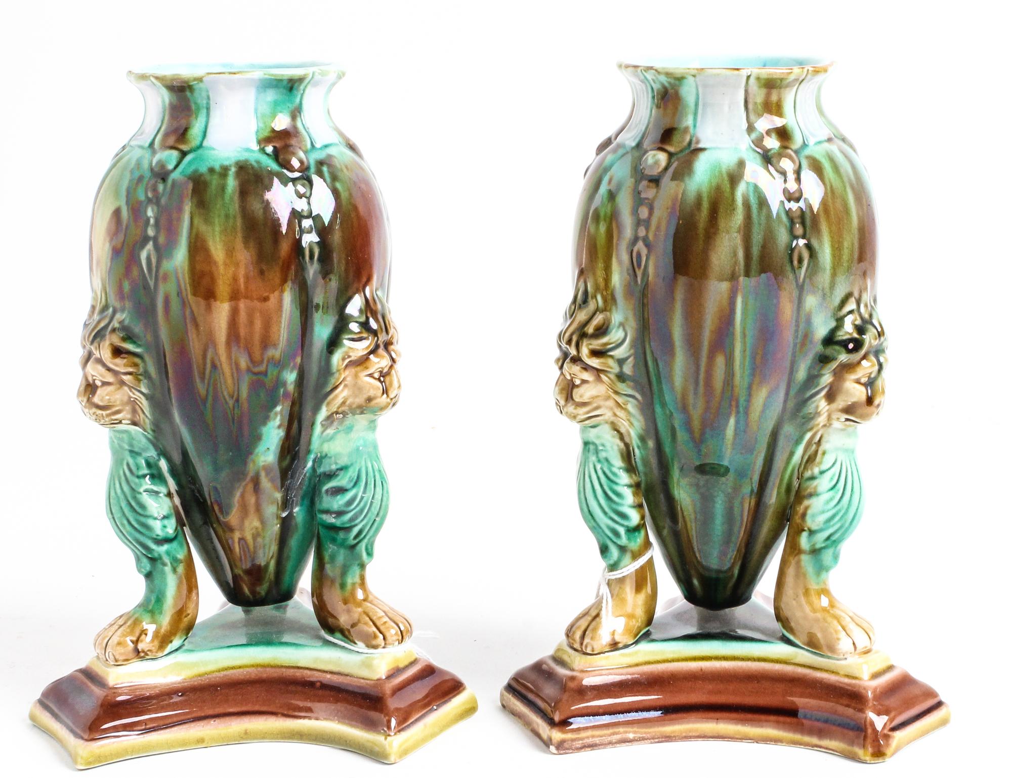 A Pair of Majolica Vases Height 7 inches.