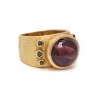 GRIMA, YELLOW GOLD, GARNET, AND EMERALD RING