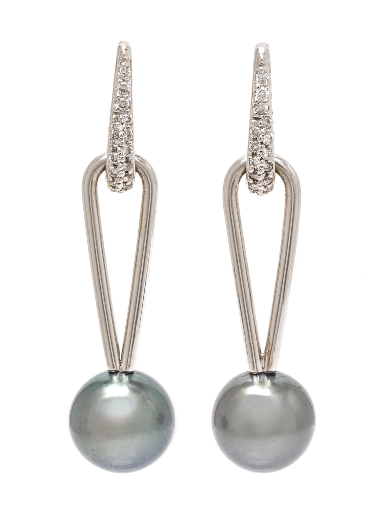 A Pair of 18 Karat White Gold, Cultured Tahitian Pearl and Diamond Earrings, Kurt Wayne, 5.20 dwts.