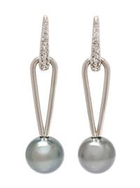A Pair of 18 Karat White Gold, Cultured Tahitian Pearl and Diamond Earrings, Kurt Wayne, 5.20 dwts.