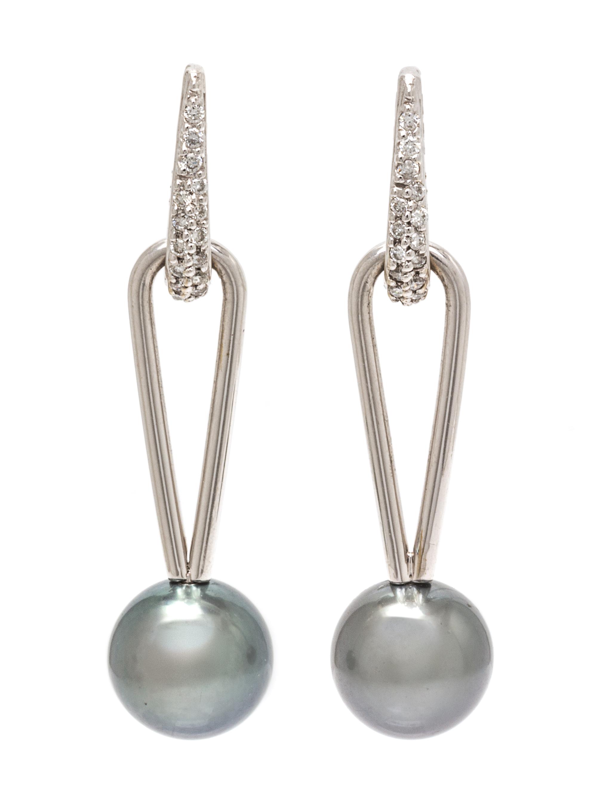 A Pair of 18 Karat White Gold, Cultured Tahitian Pearl and Diamond Earrings, Kurt Wayne, 5.20 dwts.