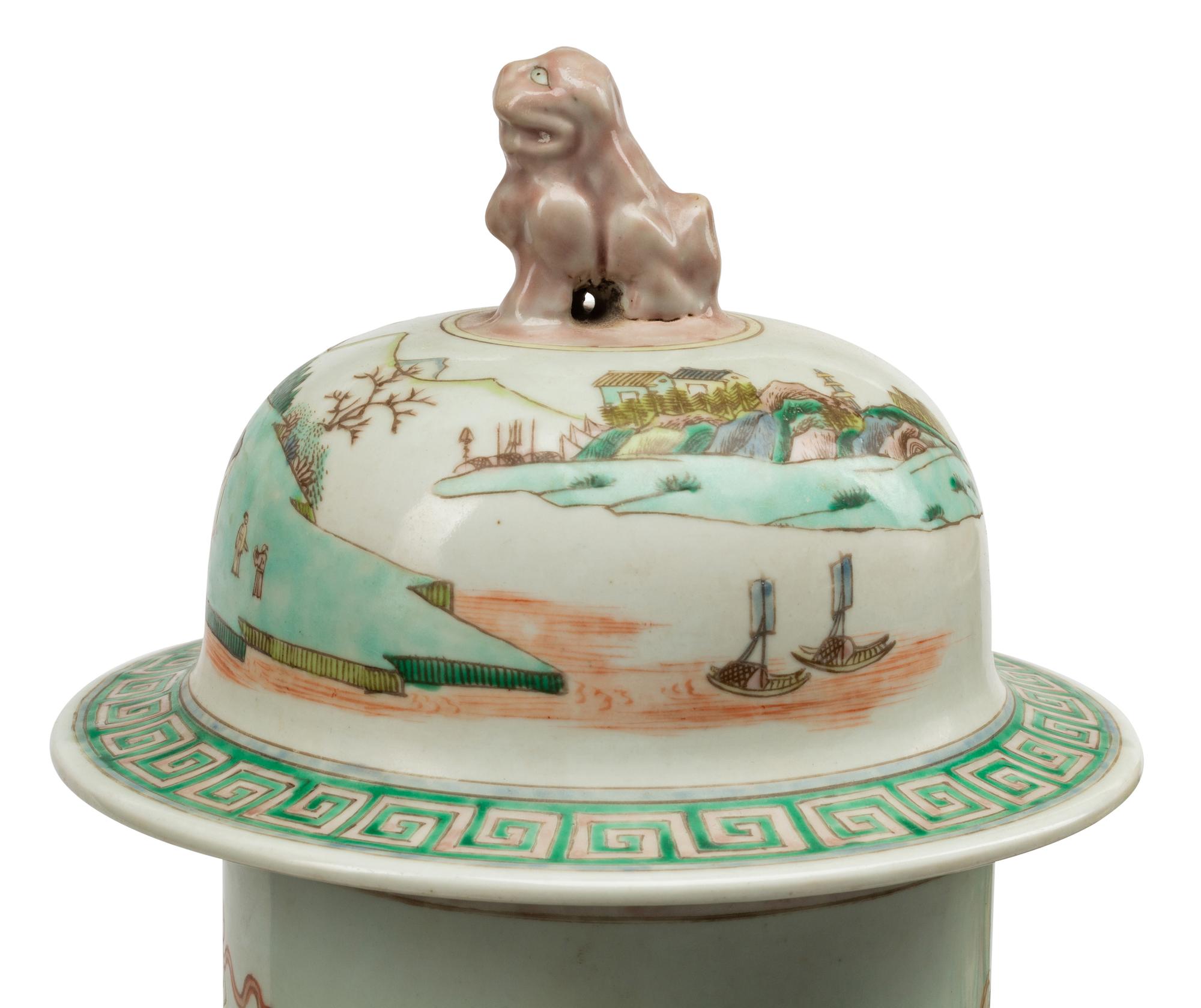 A Pair of Chinese Export Famille Verte Porcelain Covered Jars