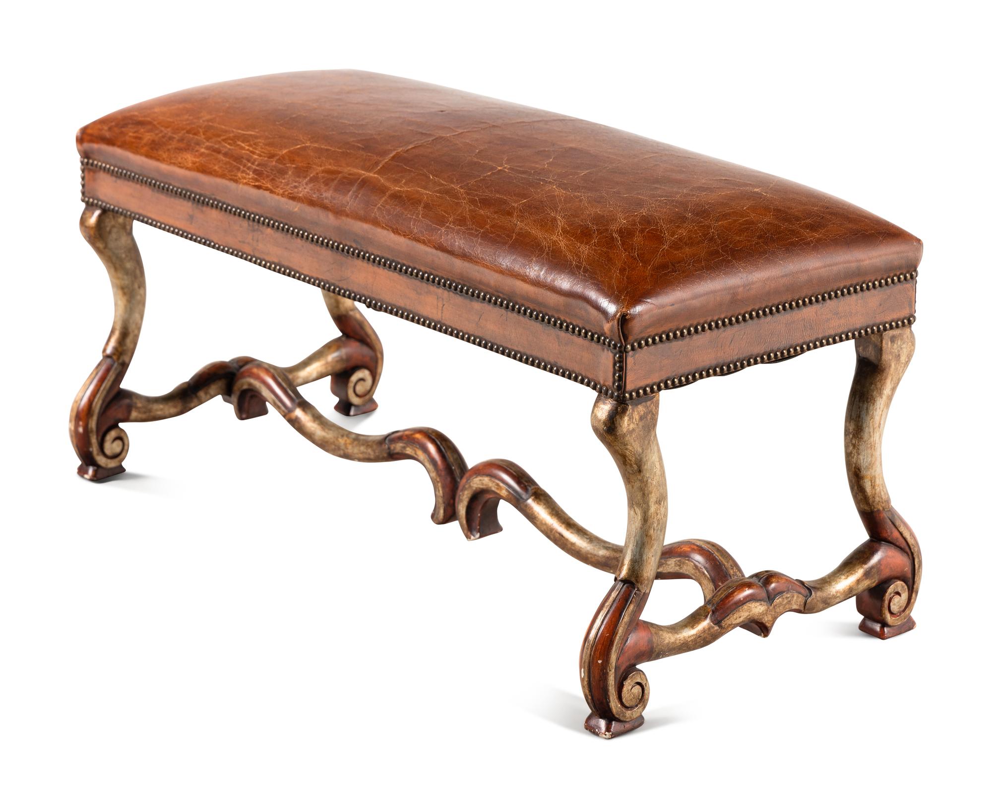 A Leather-Upholstered Painted and Silvered Wood Bench