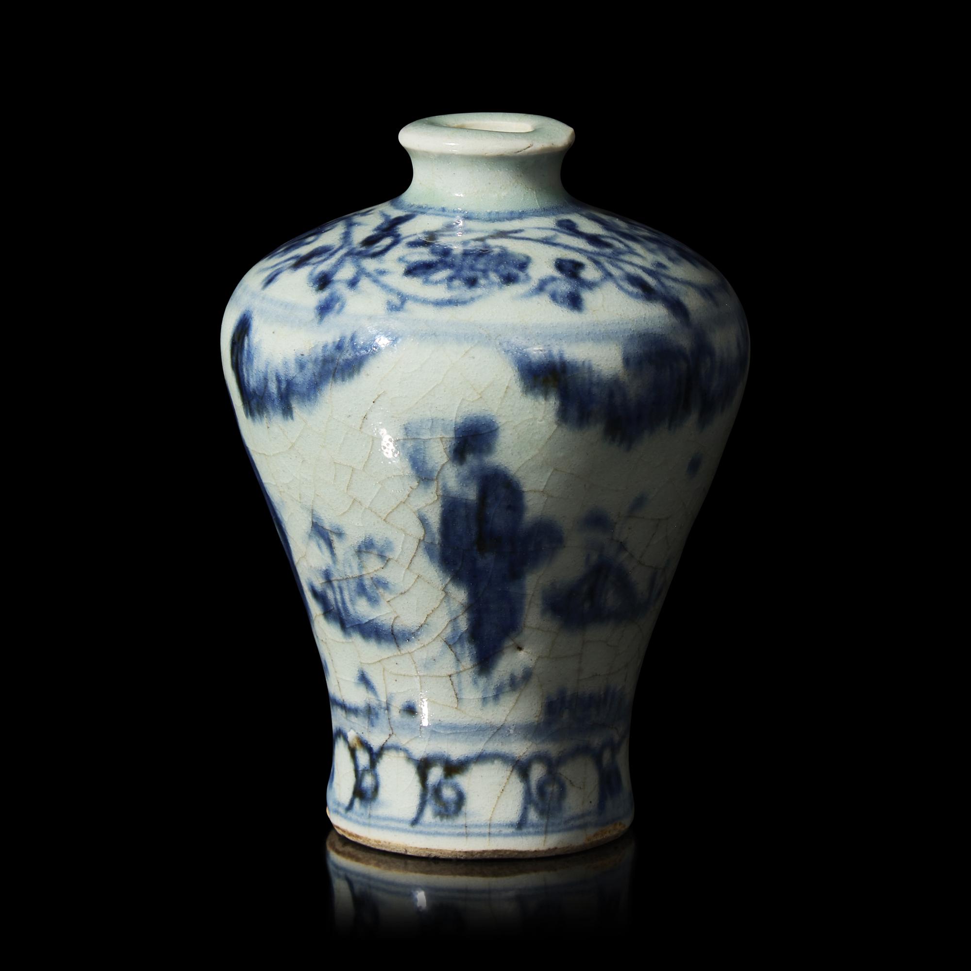 A Chinese Blue and White Small Figural Meiping Vase, Possibly Yuan/Early Ming Dynasty 或為元明 青花小梅瓶