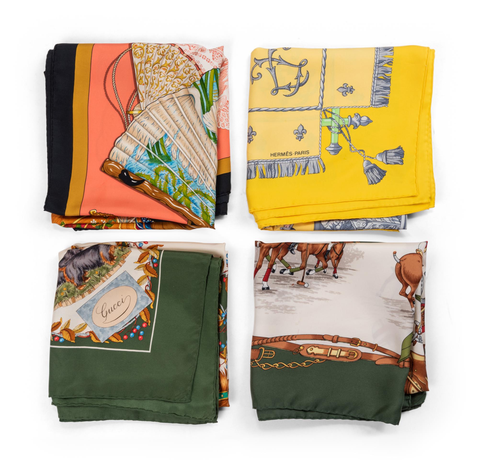 Four Designer Scarves: Two Hermès, Two Gucci