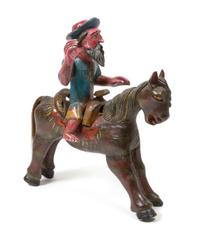 A Painted Wood Sculpture of a Saint on a Horse Height 29 x width 11 x depth 26 inches.