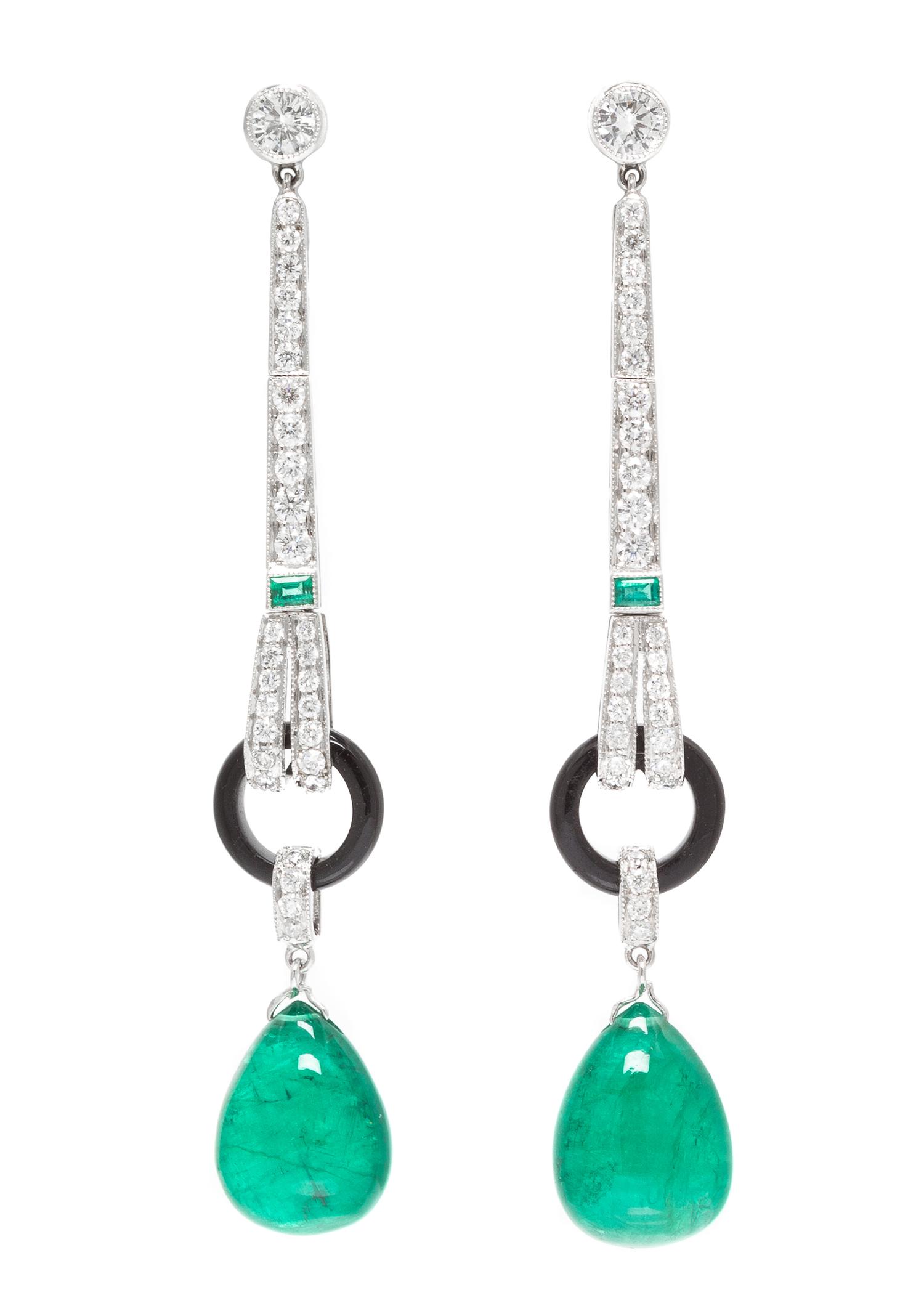 A Pair of 18 Karat White Gold, Emerald, Onyx and Diamond Earrings, 5.00 dwts.