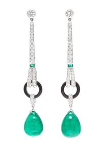A Pair of 18 Karat White Gold, Emerald, Onyx and Diamond Earrings, 5.00 dwts.