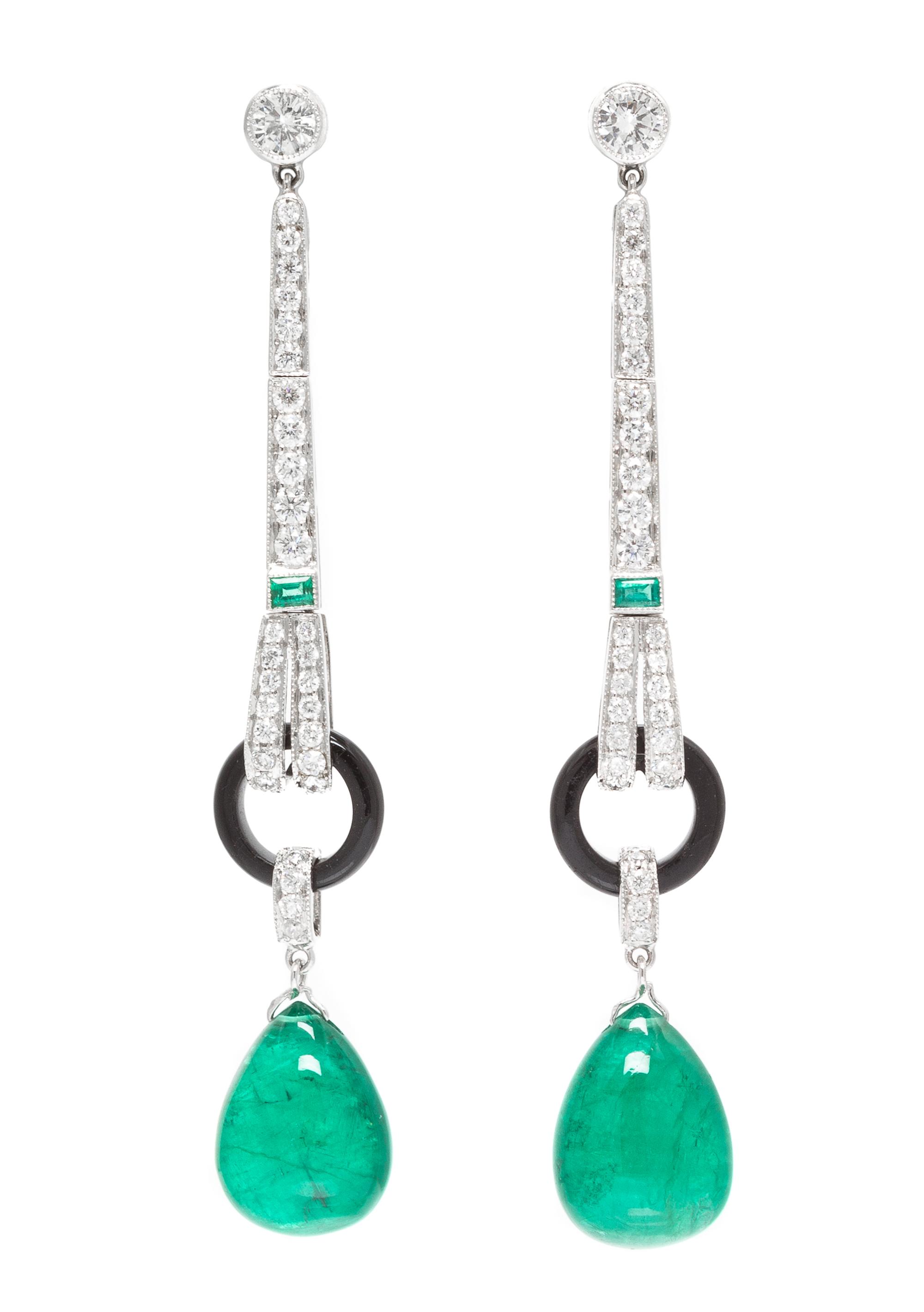 A Pair of 18 Karat White Gold, Emerald, Onyx and Diamond Earrings, 5.00 dwts.