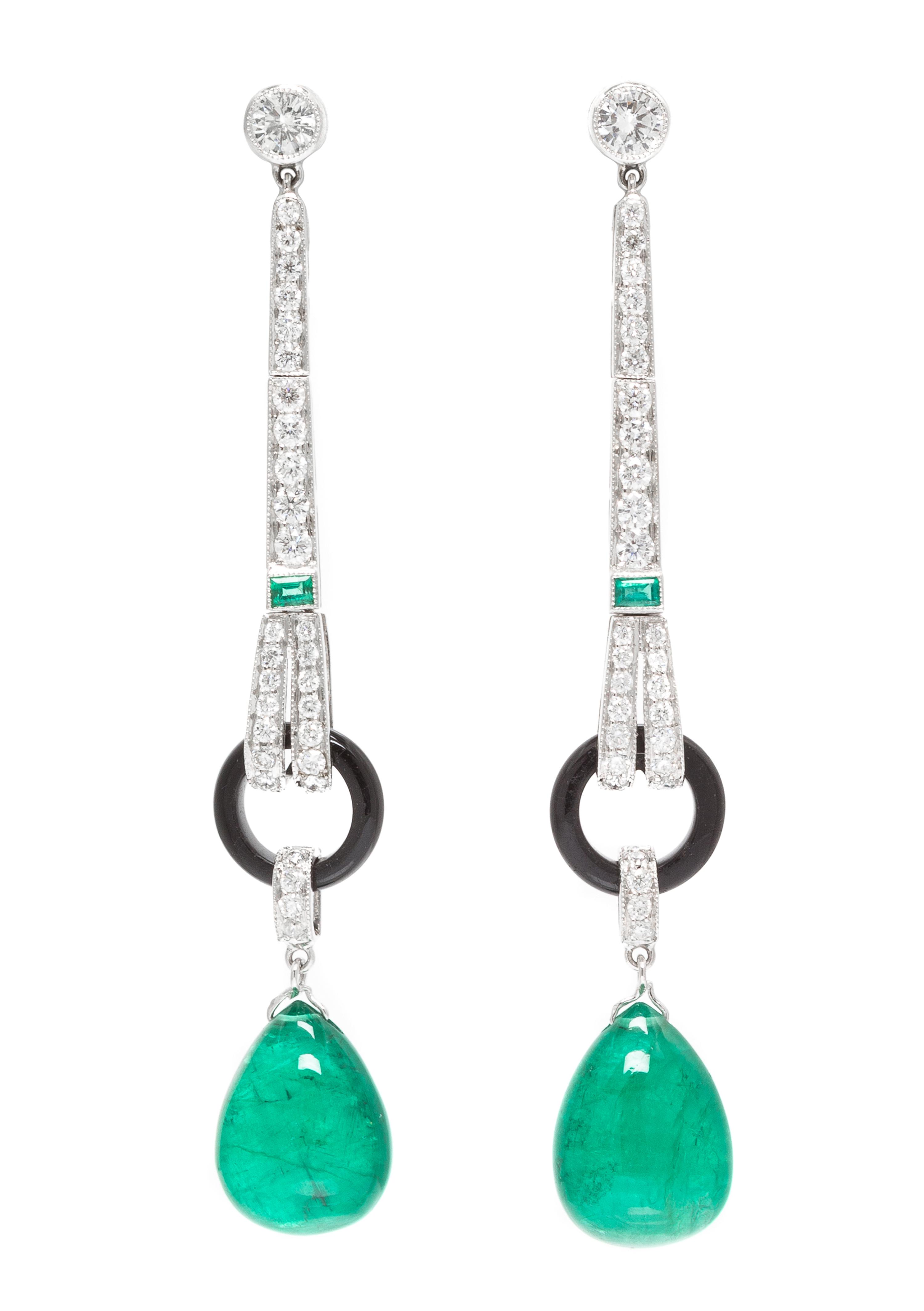 A Pair of 18 Karat White Gold, Emerald, Onyx and Diamond Earrings, 5.00 dwts.