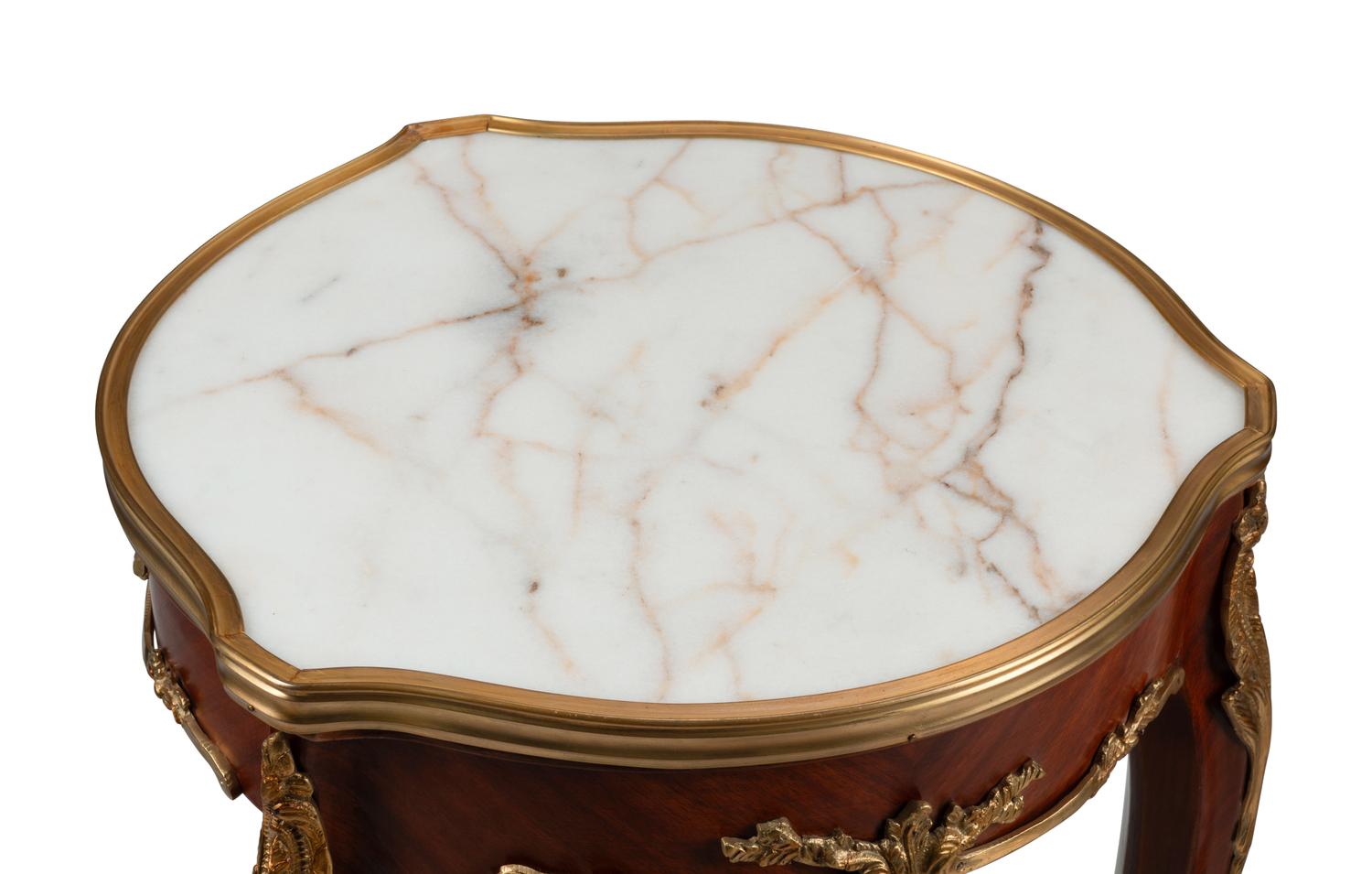 A Pair of Louis XV Style Gilt Bronze Mounted Marble-Top Tables