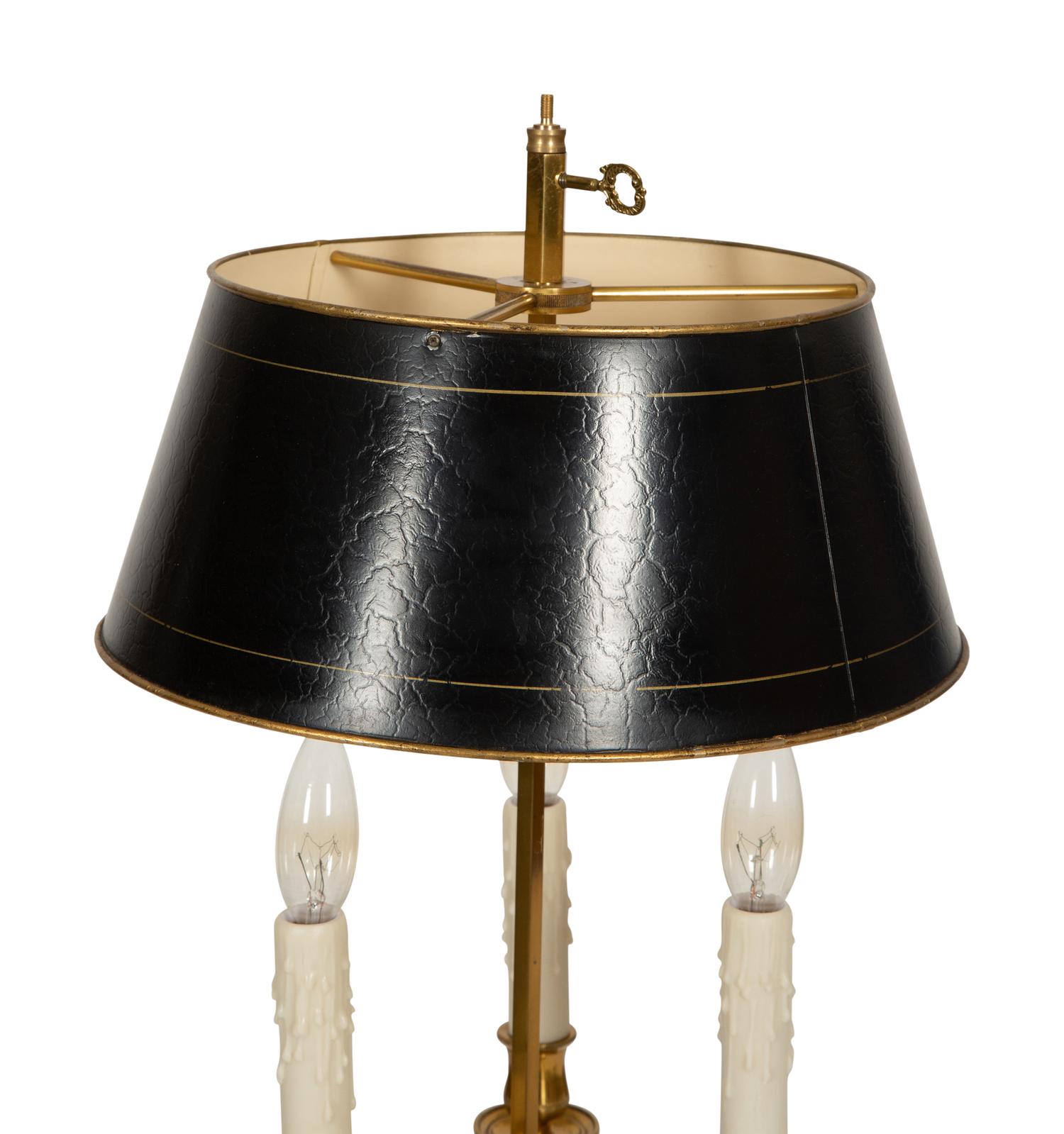 A French Brass Bouillotte Lamp with Hunting Horns and Tole Shade