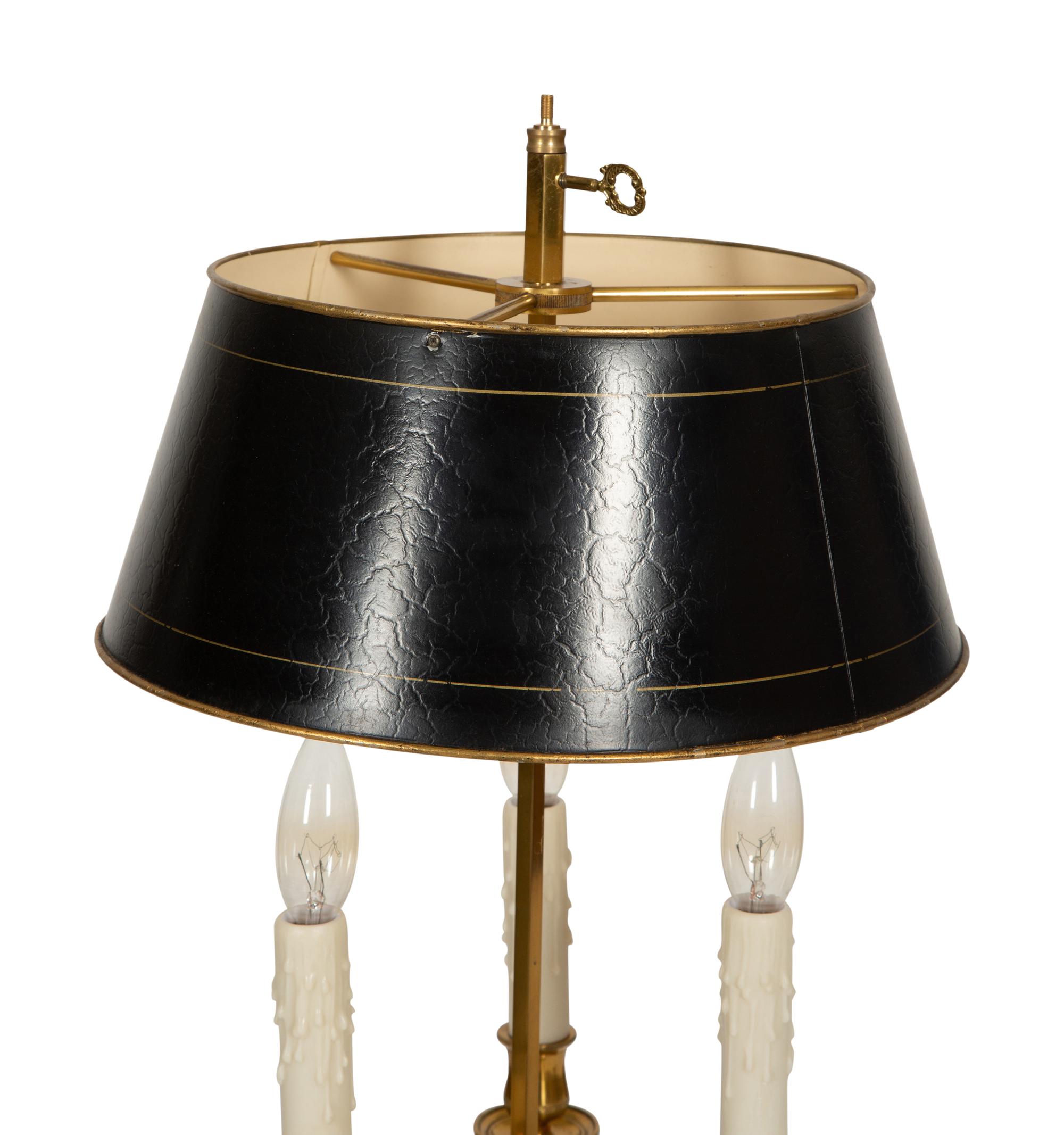 A French Brass Bouillotte Lamp with Hunting Horns and Tole Shade