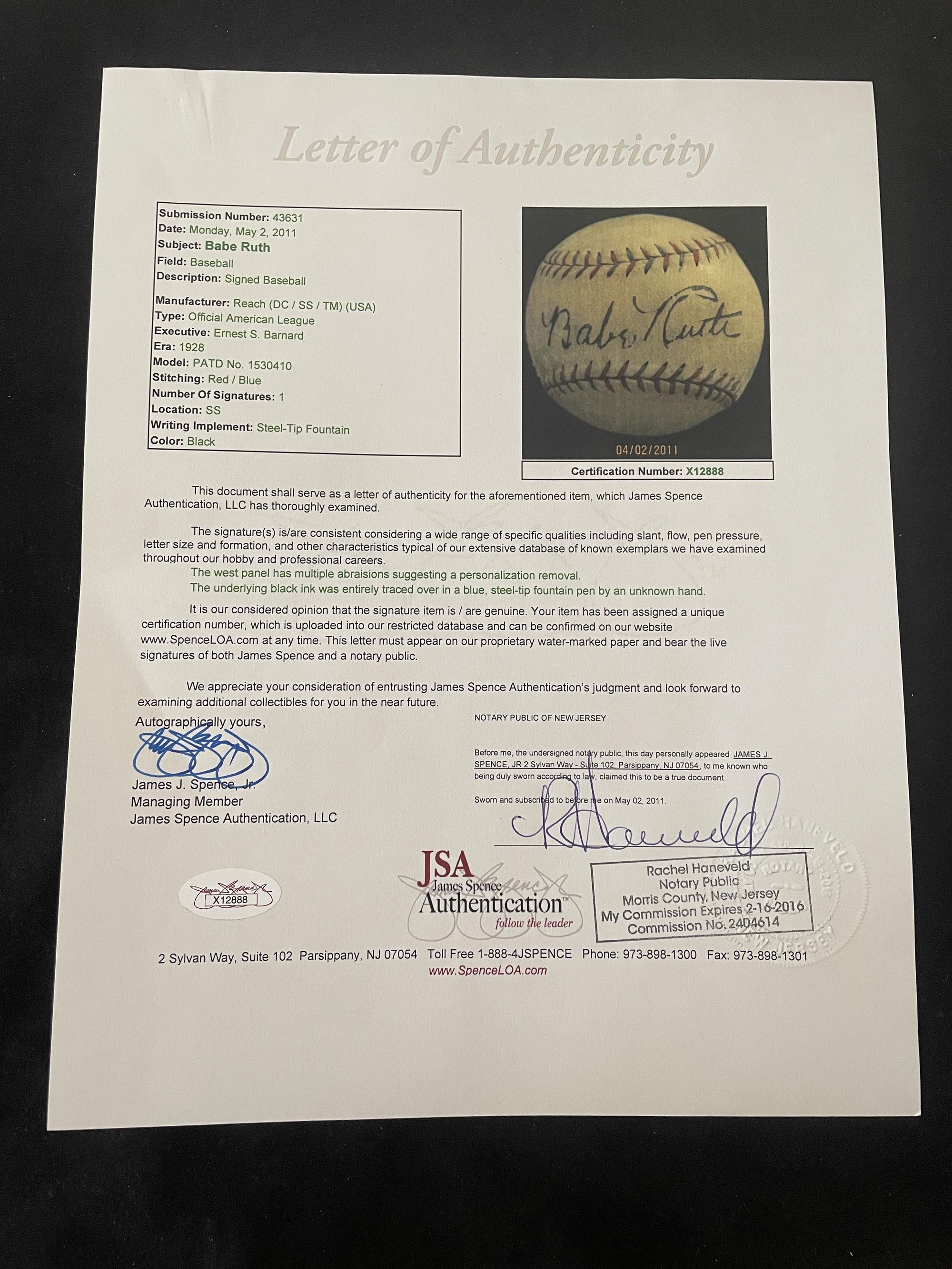 A Babe Ruth Signed Autograph Baseball - Traced (JSA Letter)