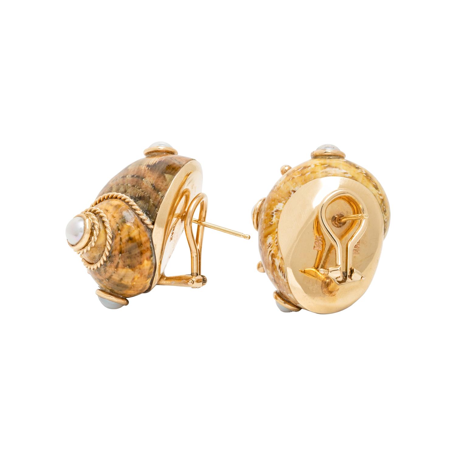 MAZ, TURBO SHELL AND CULTURED PEARL EARRINGS