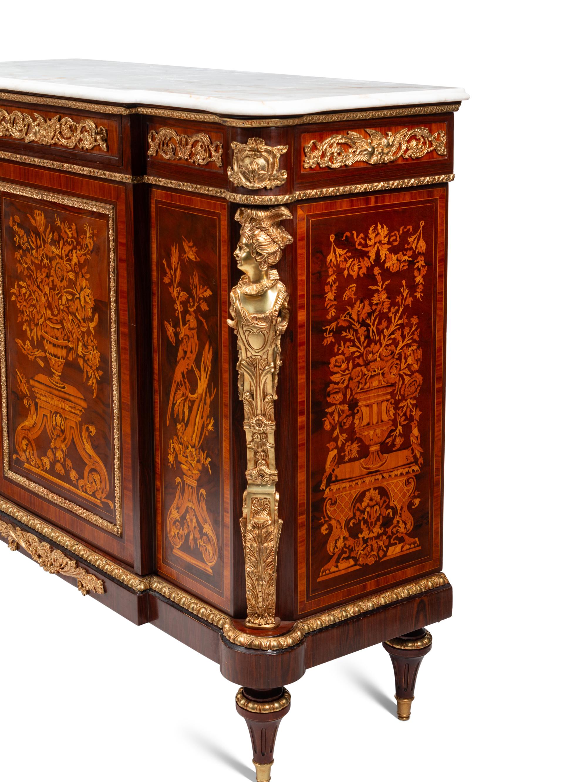 A Pair of Louis XVI Style Gilt Bronze Mounted Marquetry Marble-Top Cabinets