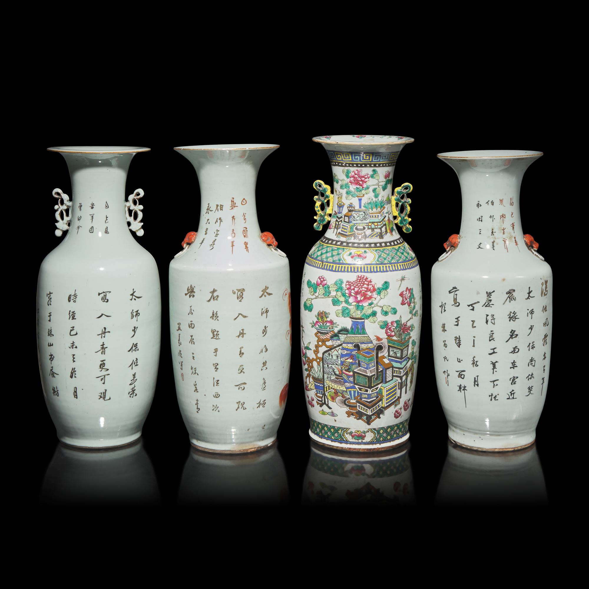 Four Chinese Iron Red Decorated 'Fu Lions' Porcelain Vases, 19th Century 清晚期 礬紅彩佛獅圖賞瓶四件
