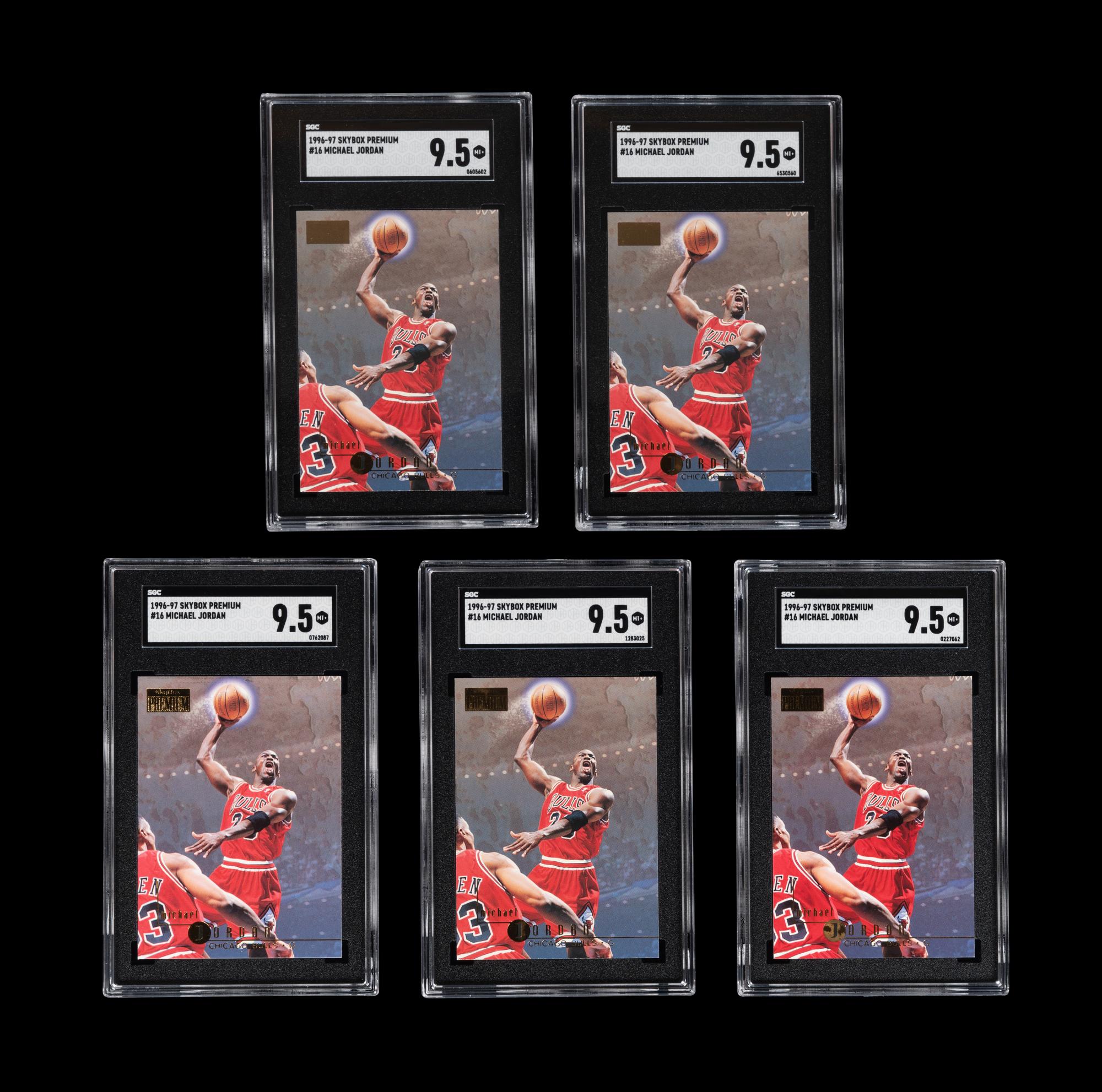 A Group of Five 1996-97 Skybox Premium Michael Jordan Basketball Cards No. 16 (SGC 9.5 MT+)