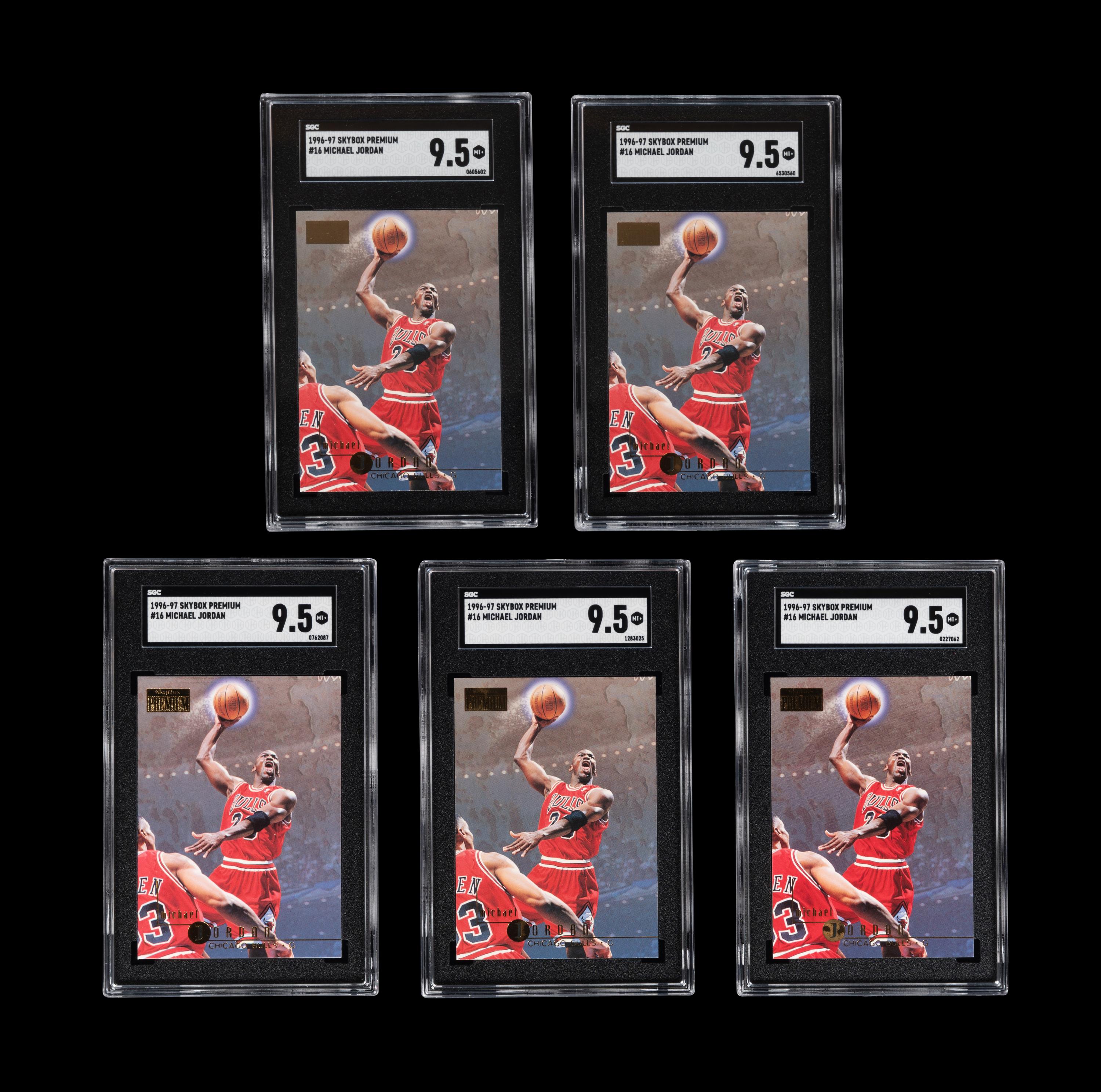 A Group of Five 1996-97 Skybox Premium Michael Jordan Basketball Cards No. 16 (SGC 9.5 MT+)