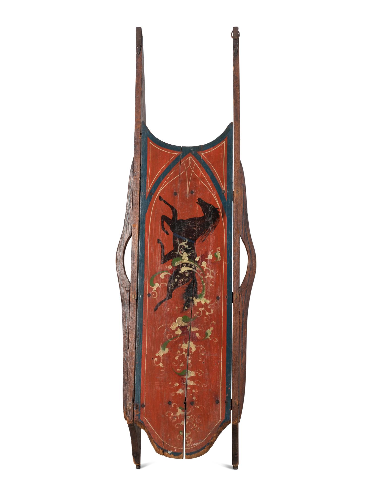 A Horse Decorated Polychrome Painted Sled