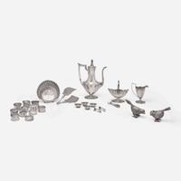 An assorted collection of twenty-five sterling silver, silver, and silverplated table items Various makers, many by Gorham Mfg. Co, Providence, RI, retailed by J.E. Caldwell, Philadelphia, PA, 20th century