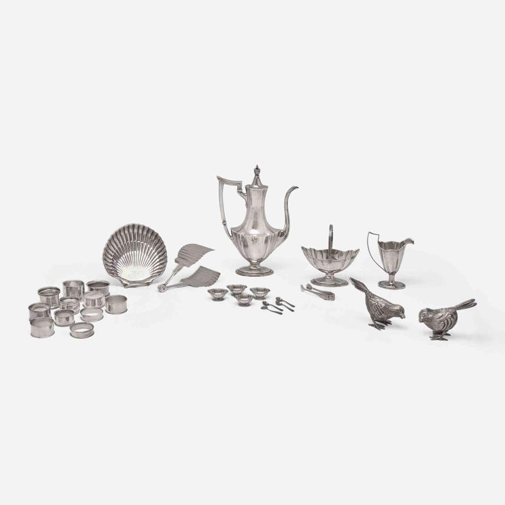 An assorted collection of twenty-five sterling silver, silver, and silverplated table items Various makers, many by Gorham Mfg. Co, Providence, RI, retailed by J.E. Caldwell, Philadelphia, PA, 20th century