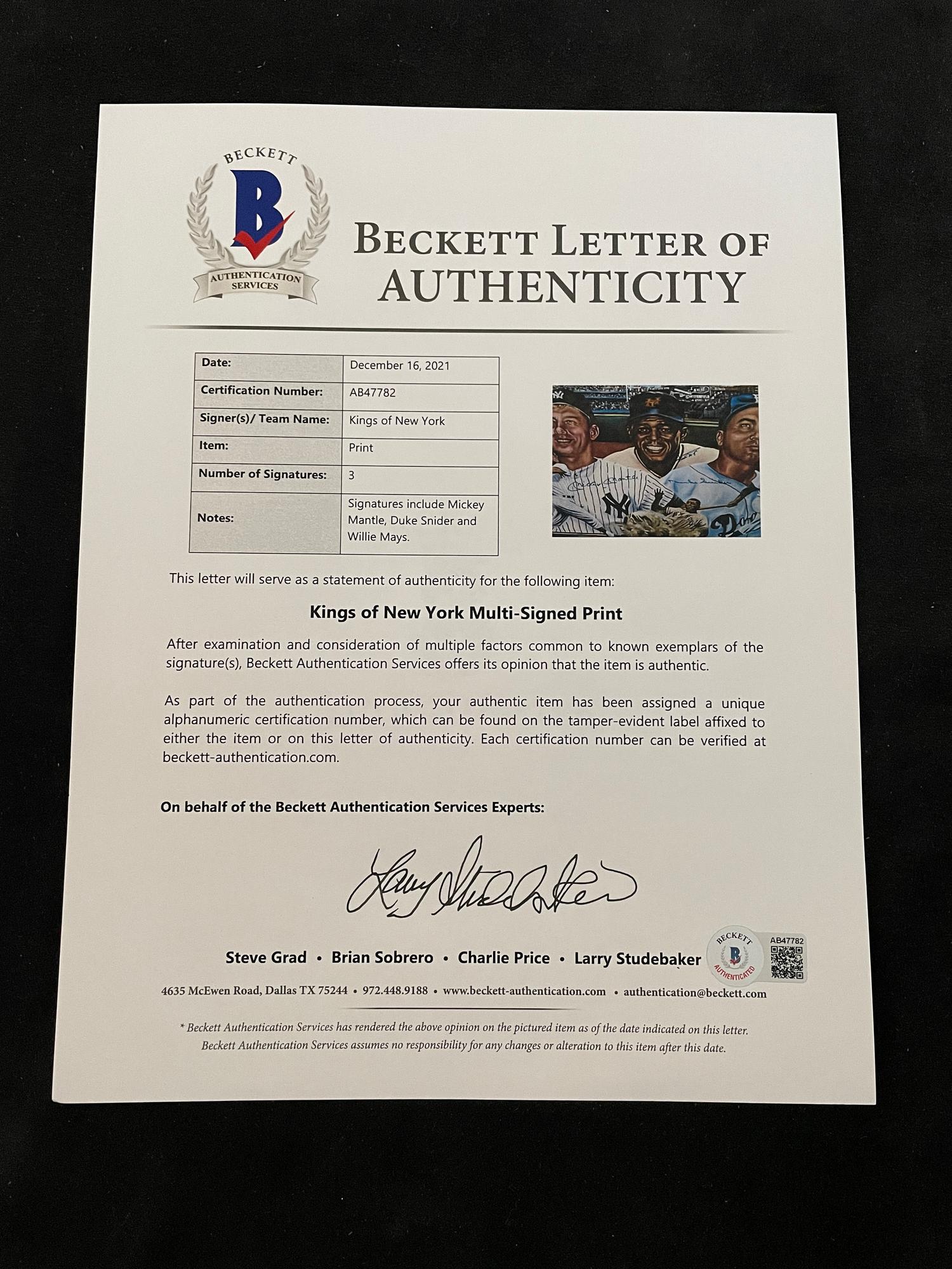 A Mickey Mantle, Willie Mays and Duke Snider "Kings of New York" Signed Autograph Robert Simon Limited Edition Print (Beckett Authentication Services Letter BAS Certified),