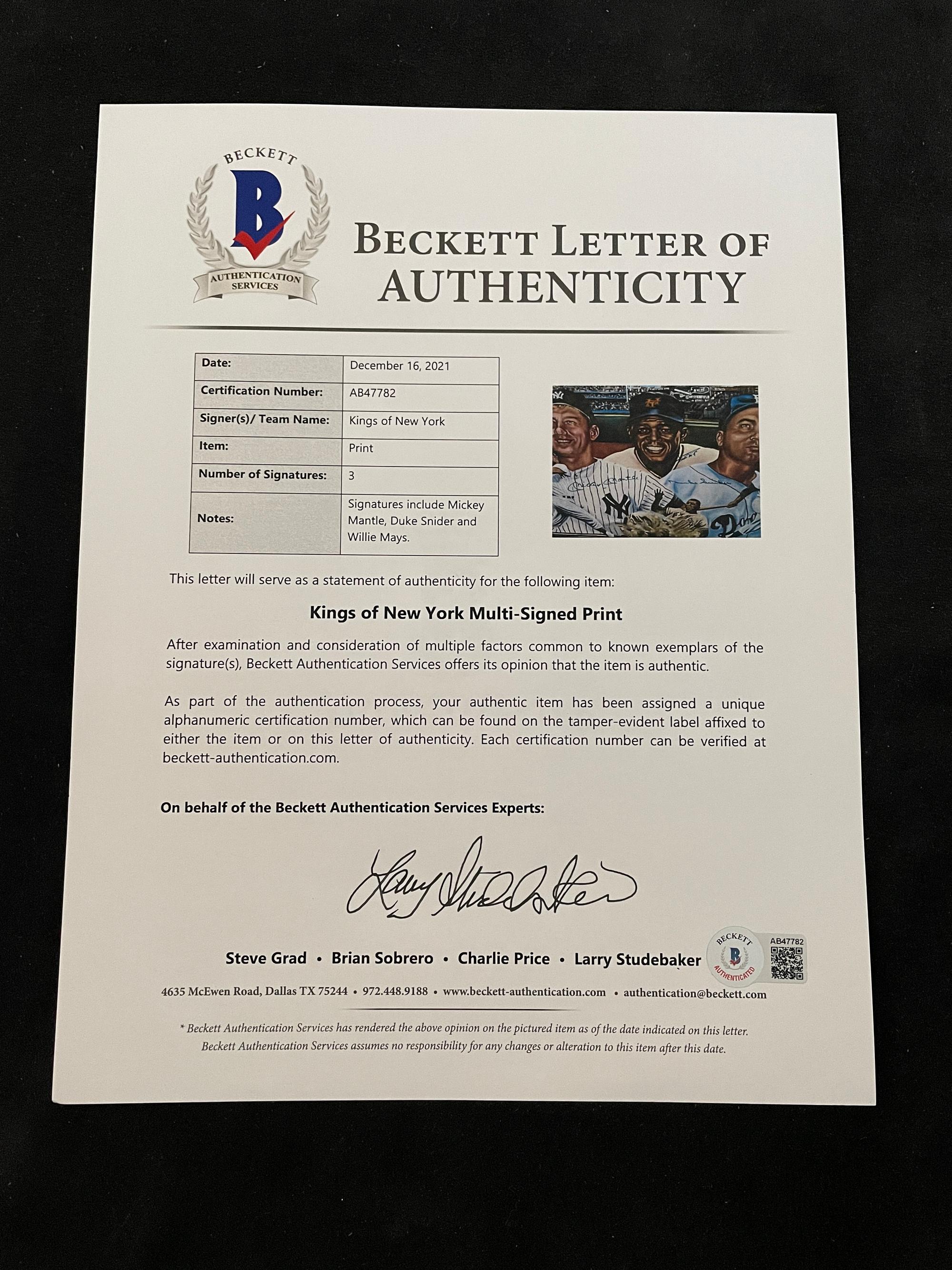 A Mickey Mantle, Willie Mays and Duke Snider "Kings of New York" Signed Autograph Robert Simon Limited Edition Print (Beckett Authentication Services Letter BAS Certified),