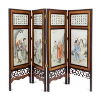 A Famille Rose Porcelain Inset Hardwood Four-Panel 'Eight Immortals' Table Screen