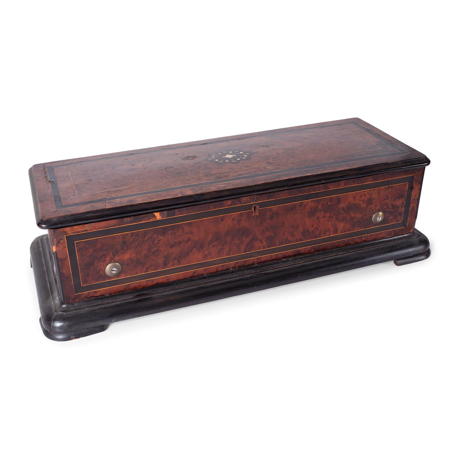 An Eight Tune Cylinder Swiss Music Box with Inlaid Burl Walnut Case