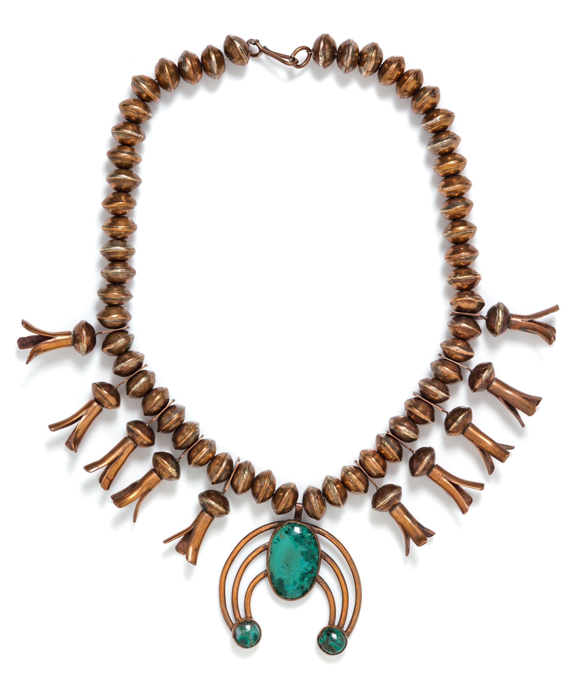 A Copper Penny and Hardstone Squash Blossom Necklace, 302.80 dwts.