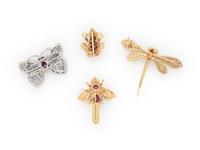 COLLECTION OF DIAMOND, GEMSTONE, AND GOLD WHIMSICAL PINS