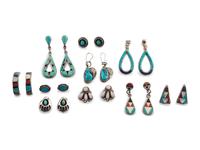 Navajo and Zuni Silver Earrings, with Inlay