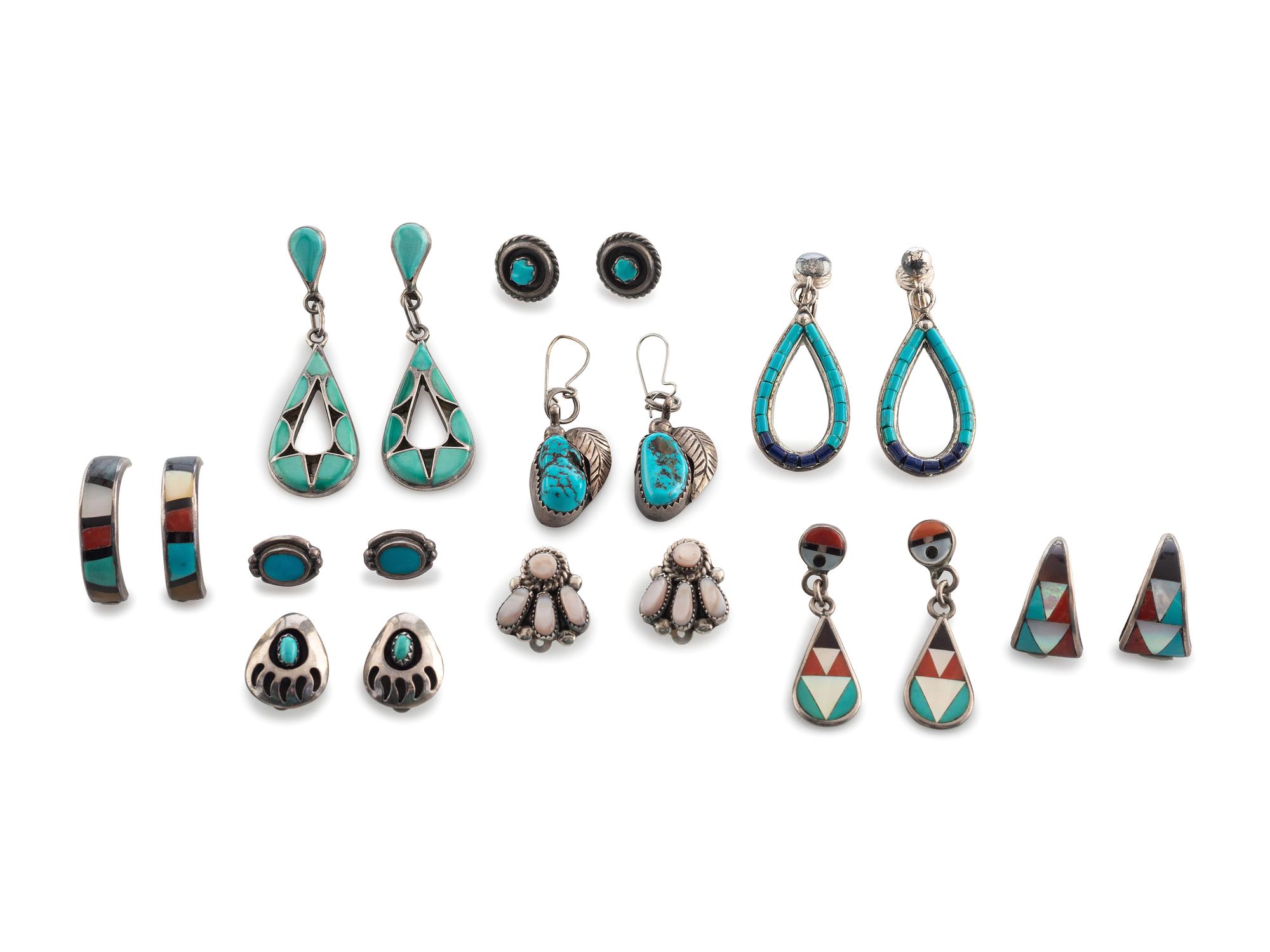 Navajo and Zuni Silver Earrings, with Inlay