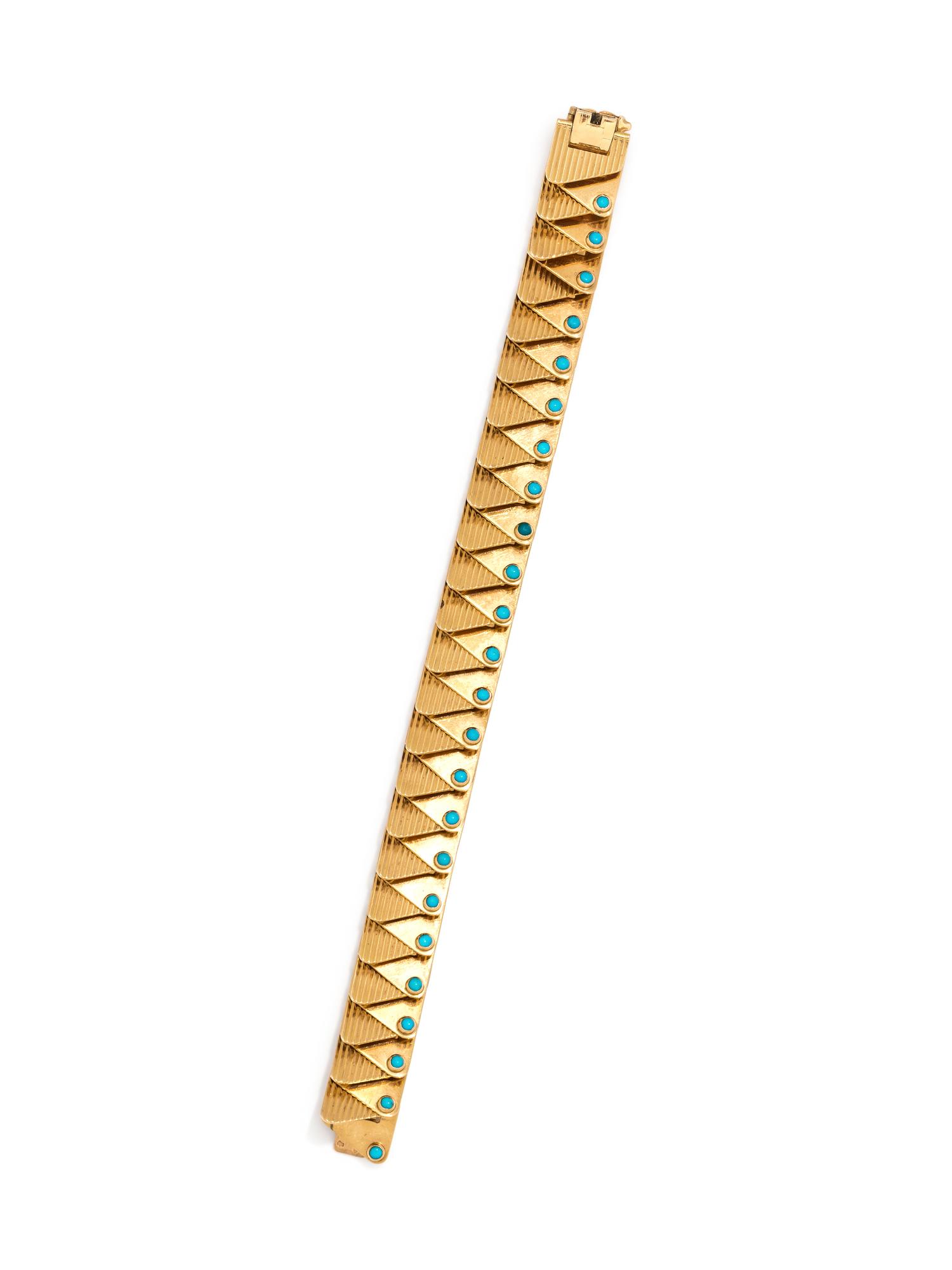 FRENCH, YELLOW GOLD, TURQUOISE AND RUBY BRACELET