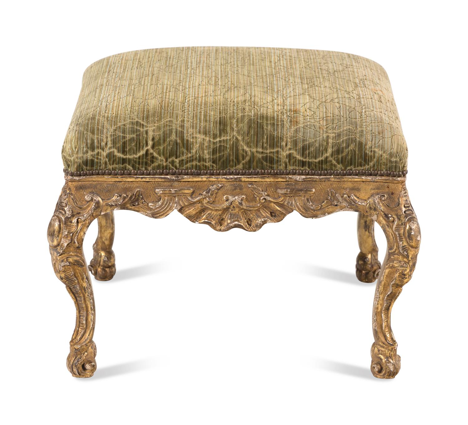 A Continental Rococo Style Carved Giltwood Stool