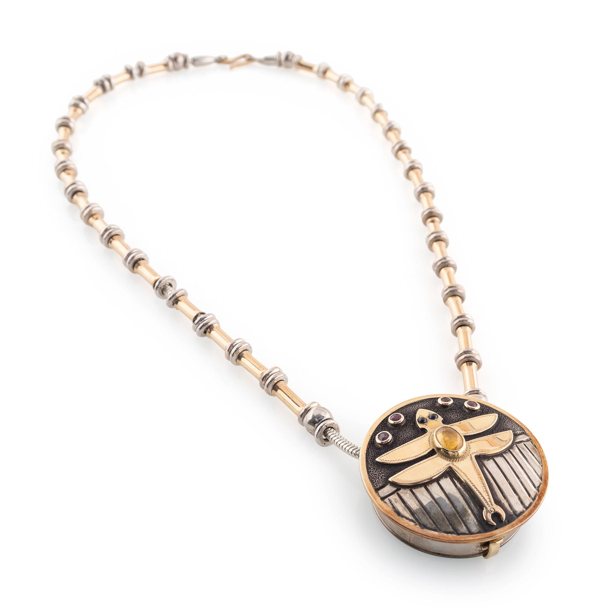 Sterling Silver, Gold and Semi Precious Stone Necklace, with Dragonfly Locket