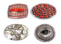 Two Southwestern Silver and Coral Belt Buckles Height of first 2 3/4 x 3 7/8 inches