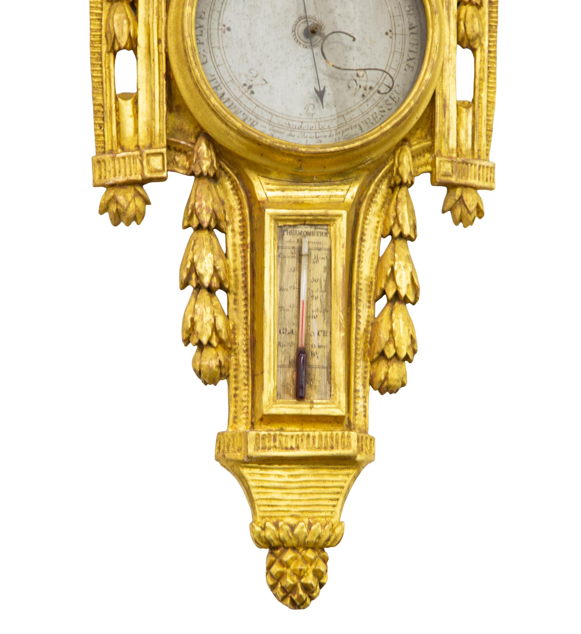 A Restauration Period Giltwood Barometer and Thermometer