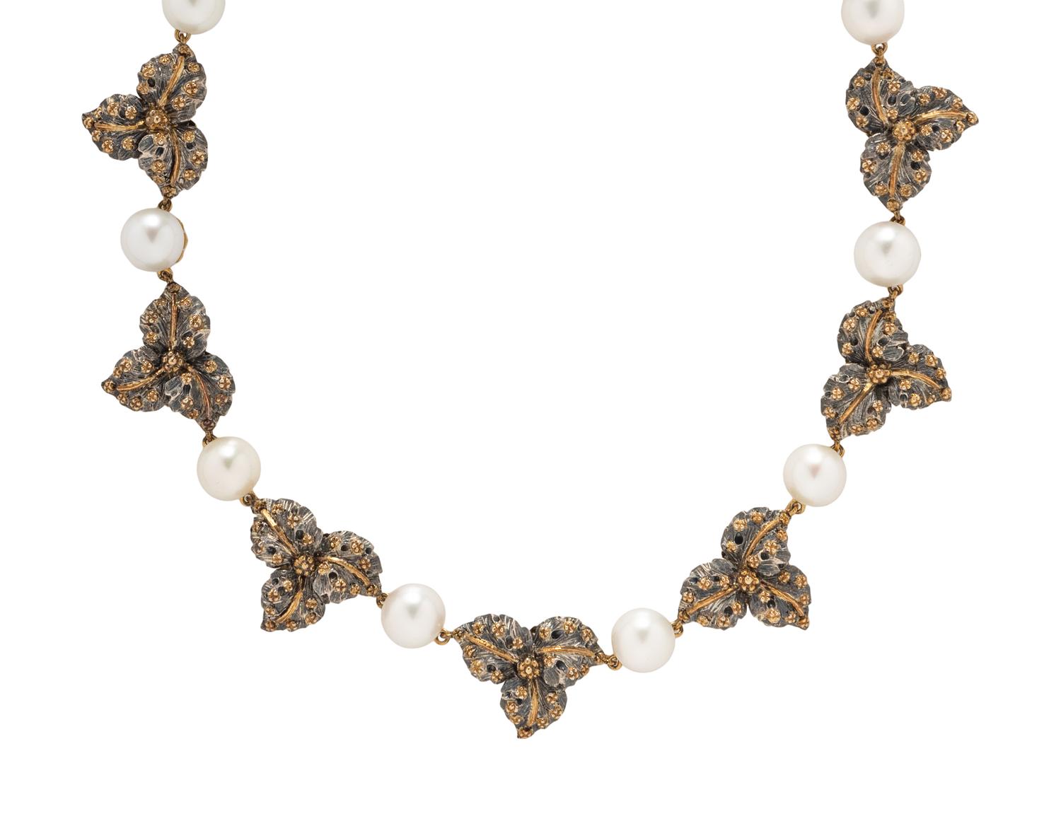 BUCCELLATI, CULTURED PEARL, YELLOW GOLD, AND SILVER LEAF NECKLACE